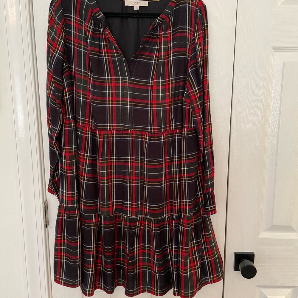 LOFT Black Red Plaid Long Sleeve Tiered Dress